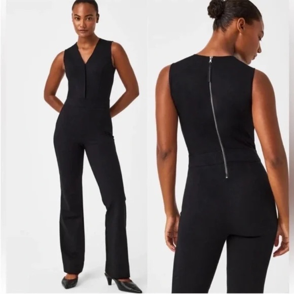 Spanx Perfect Sleeveless Jumpsuit Black 1X Wide Leg Shaping V-Neck Career Chic